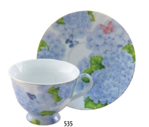 Porcelain Blue Hydrangea Tea Cup and Saucer