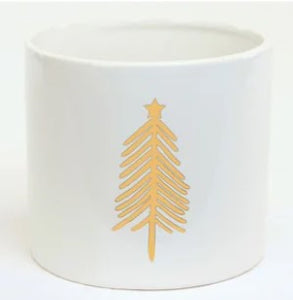 4.7" x 4.3" White Dolomite Container w/Gold X-Mas Tree