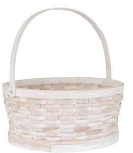 12" Round Whitewash Woodchip Basket with Drop Handle