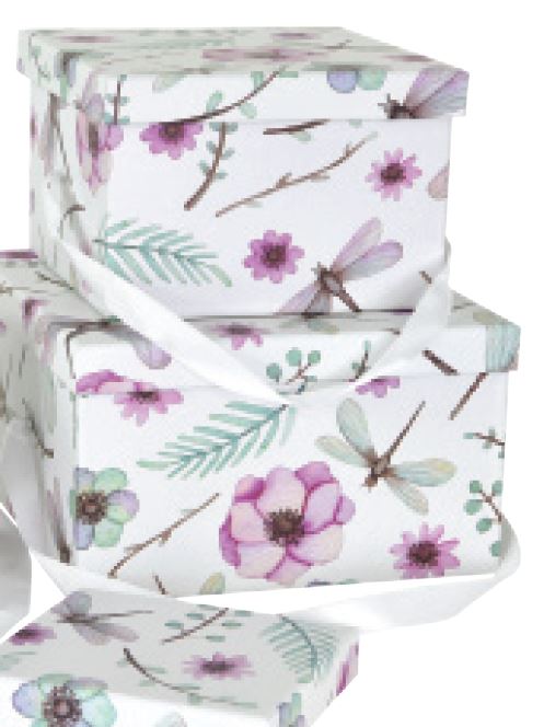 Square Flower/Dragonfly Hat Box - Set of 3