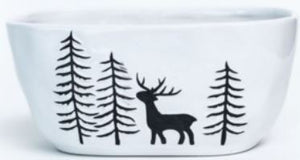 8.5" x 4.8" x 4" White/Black Glazed Reindeer w/Trees Rectangle Dolomite Container